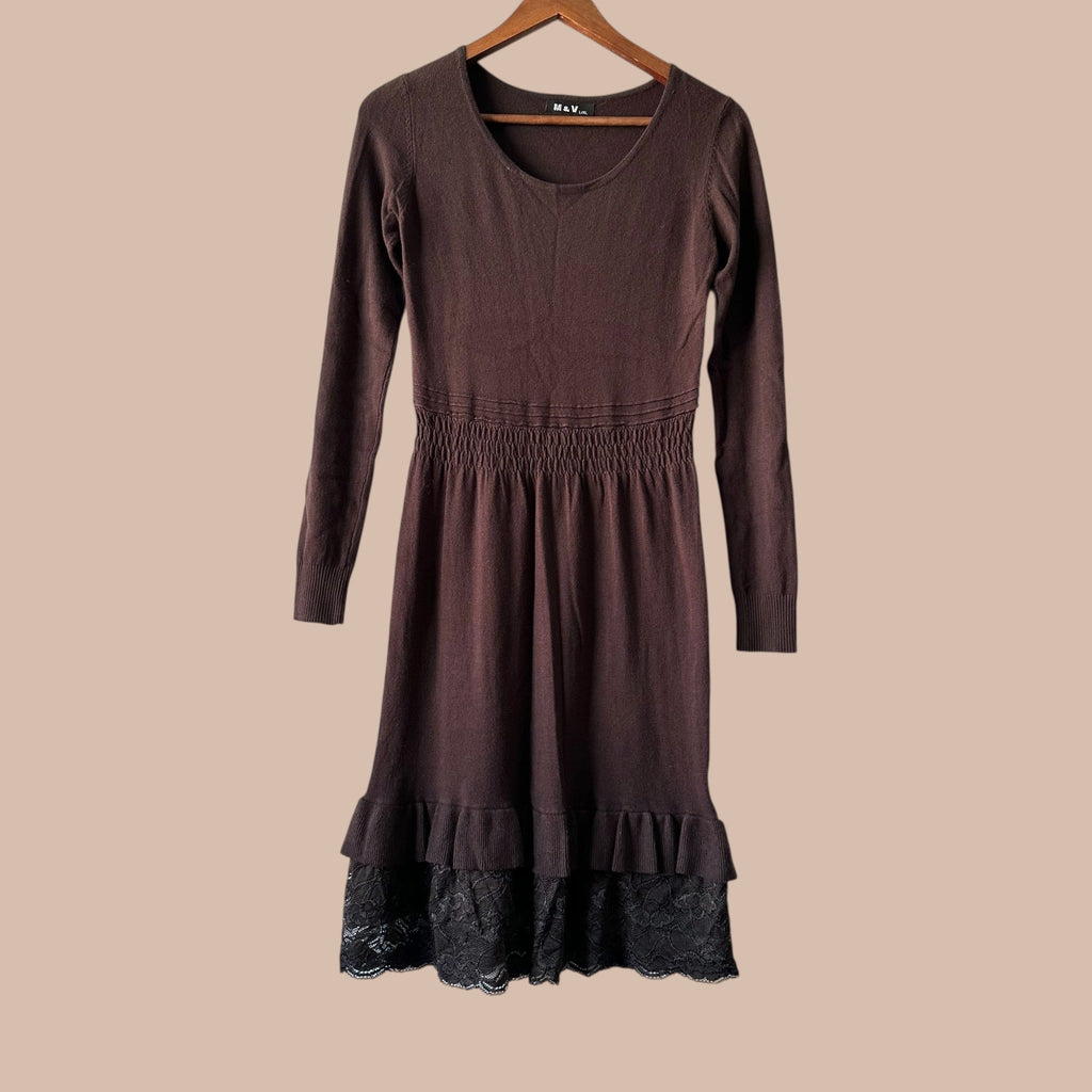 M&V ruskea vintage neulemekko L Bloomy Moon