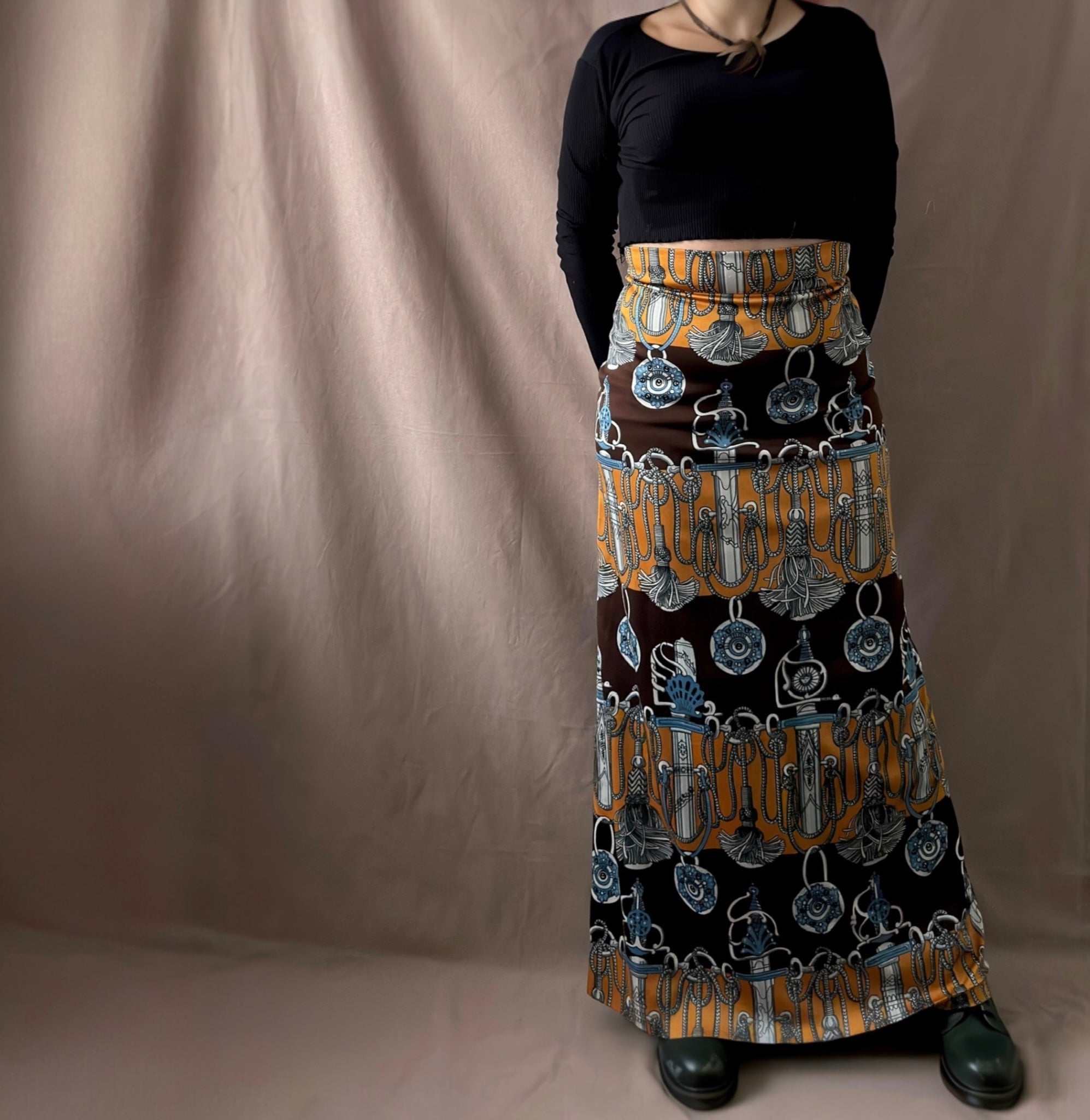 Crimplene 70-luvun maxihame M/L Bloomy Moon