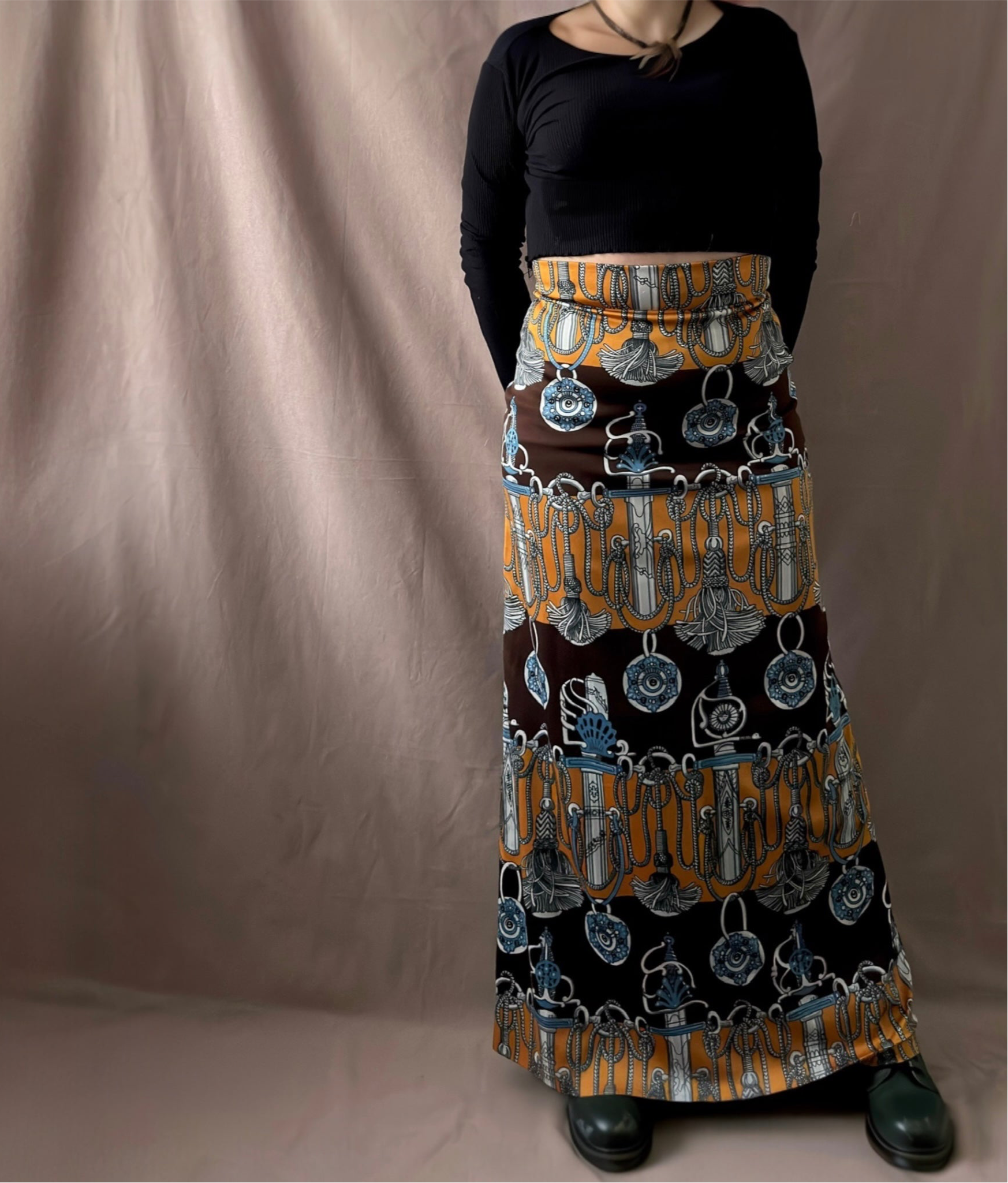 Crimplene 70-luvun maxihame M/L Bloomy Moon